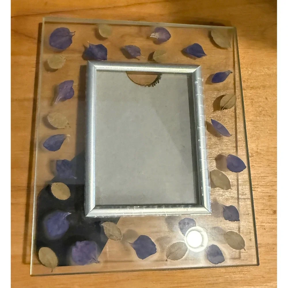 Small Picture Frame Clear Purple Pressed Floral Botanical Glass Free Standing